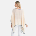 La Marey Cotton Blend Embroidered Kaftan Top with Contrast Trim (One Size) - Beige & Multicolour
