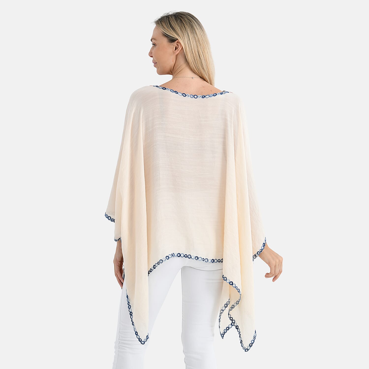 La Marey Cotton Blend Embroidered Kaftan Top with Contrast Trim (One Size) - Beige &amp; Multicolour V32514825 3