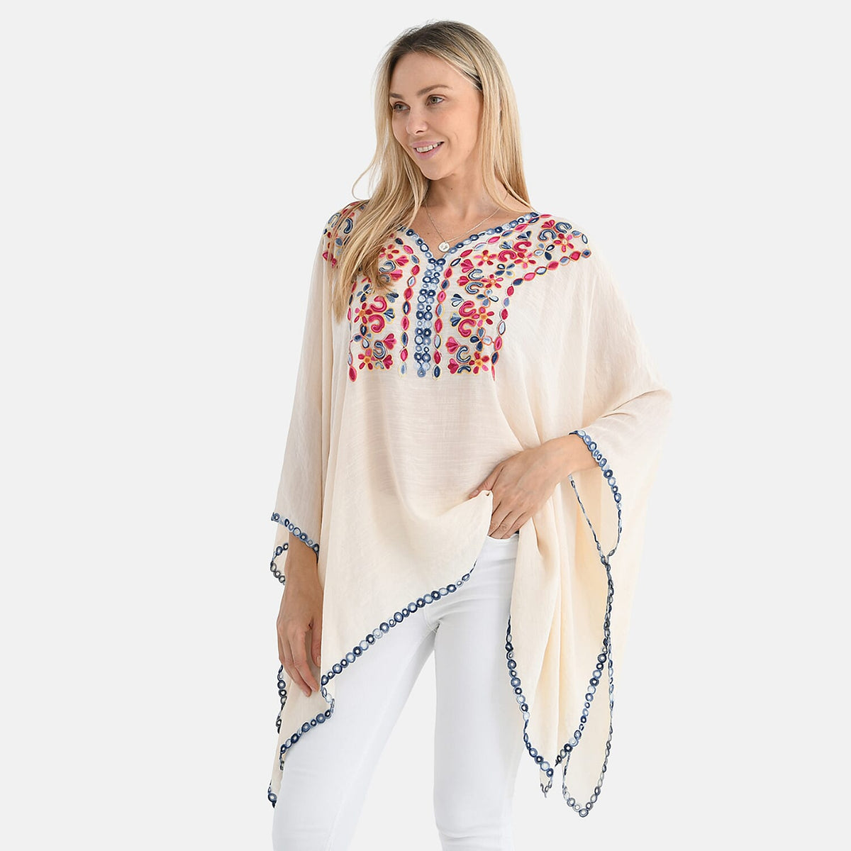 La Marey Cotton Blend Embroidered Kaftan Top with Contrast Trim (One Size) - Beige &amp; Multicolour V32514825 4