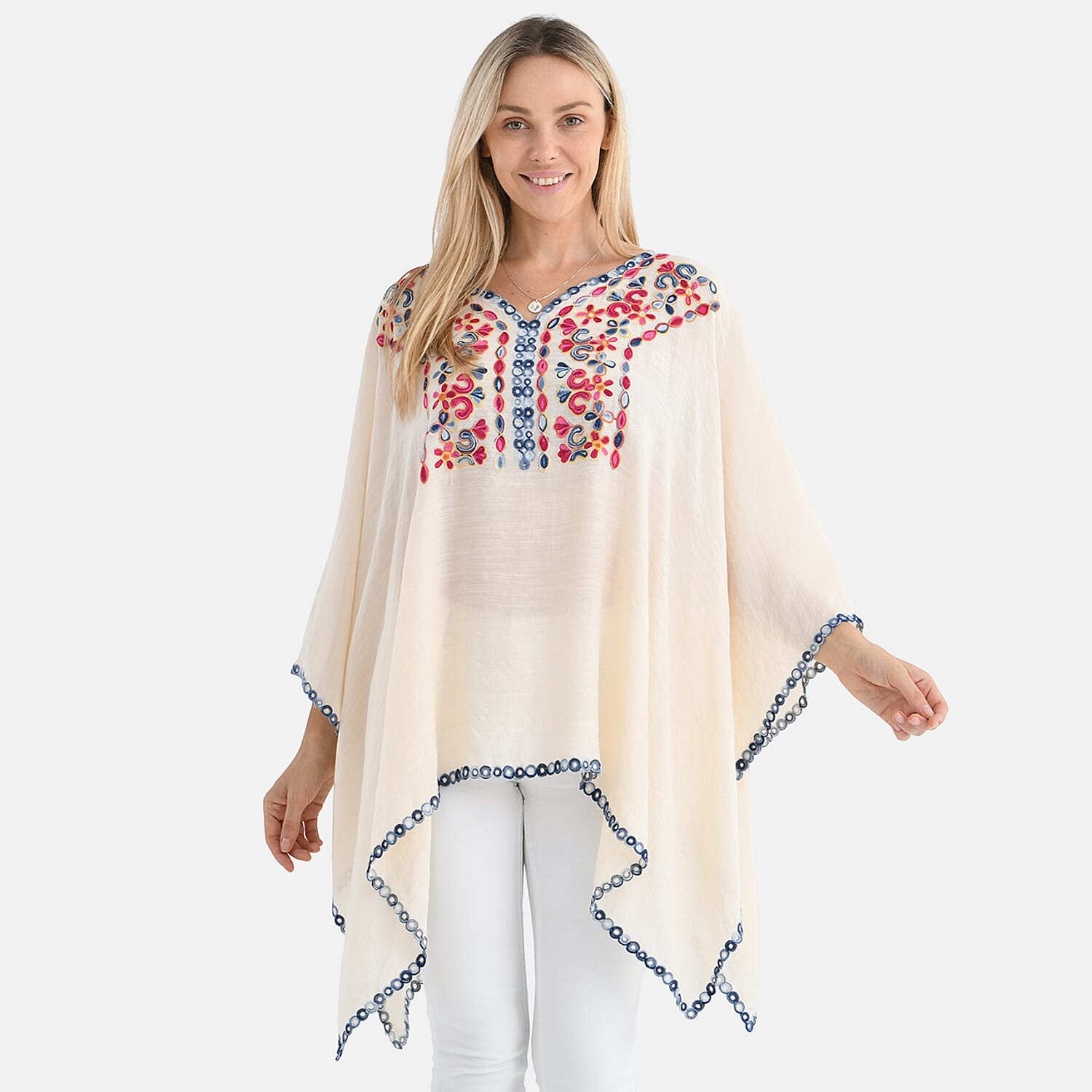 La Marey Cotton Blend Embroidered Kaftan Top with Contrast Trim (One Size) - Beige &amp; Multicolour V32514825 5