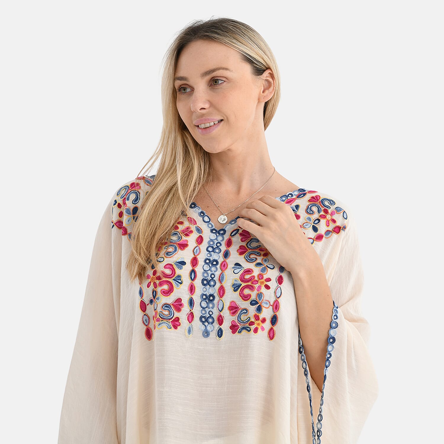 La Marey Cotton Blend Embroidered Kaftan Top with Contrast Trim (One Size) - Beige &amp; Multicolour V32514825 6