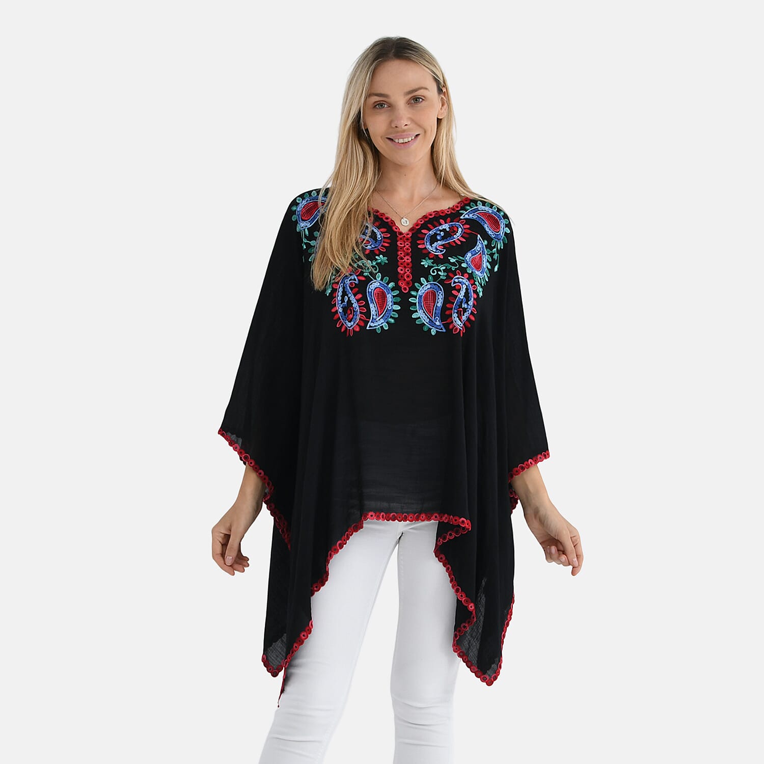 La Marey Cotton Blend Embroidered Kaftan Top with Contrast Trim (One Size) - Black &amp; Multi V32537926 0