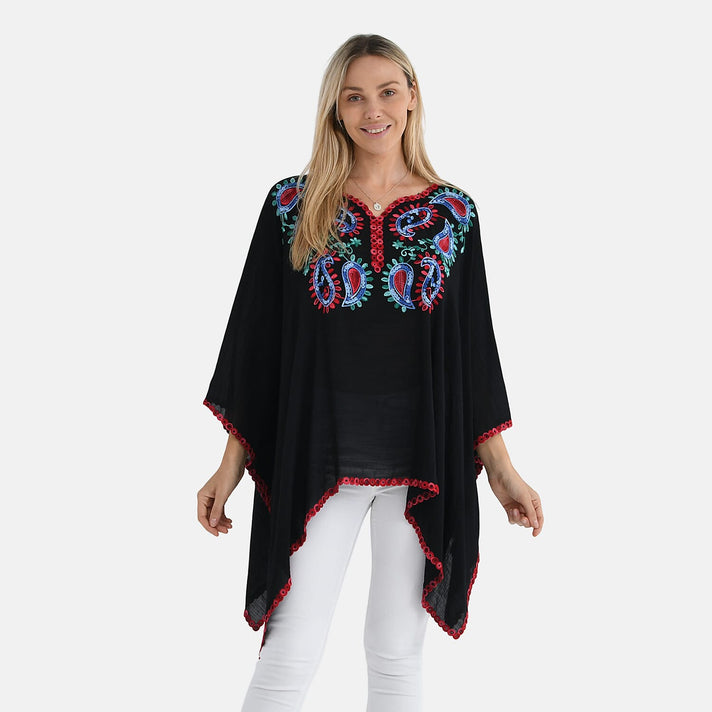 La Marey Cotton Blend Embroidered Kaftan Top with Contrast Trim (One Size) - Black &amp; Multi 8110124 1