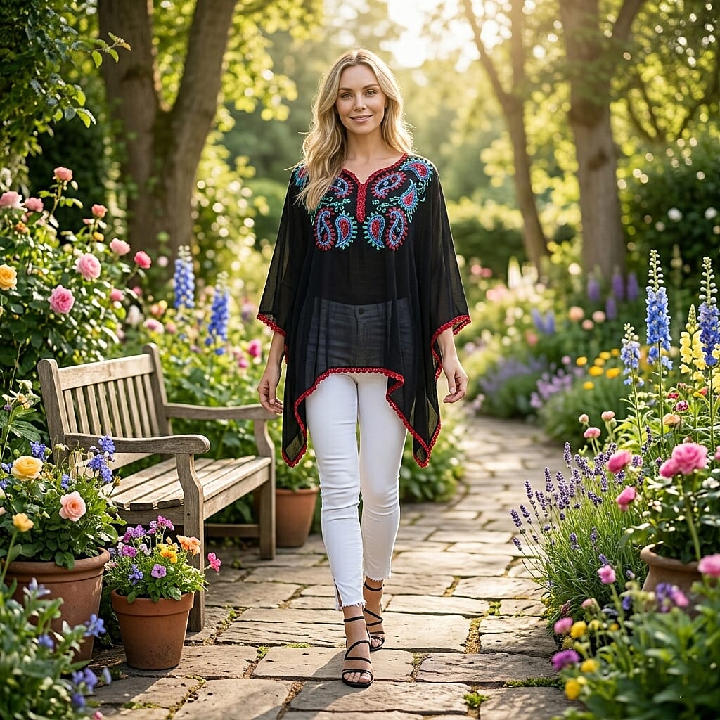 La Marey Cotton Blend Embroidered Kaftan Top with Contrast Trim (One Size) - Black &amp; Multi V32537926 2