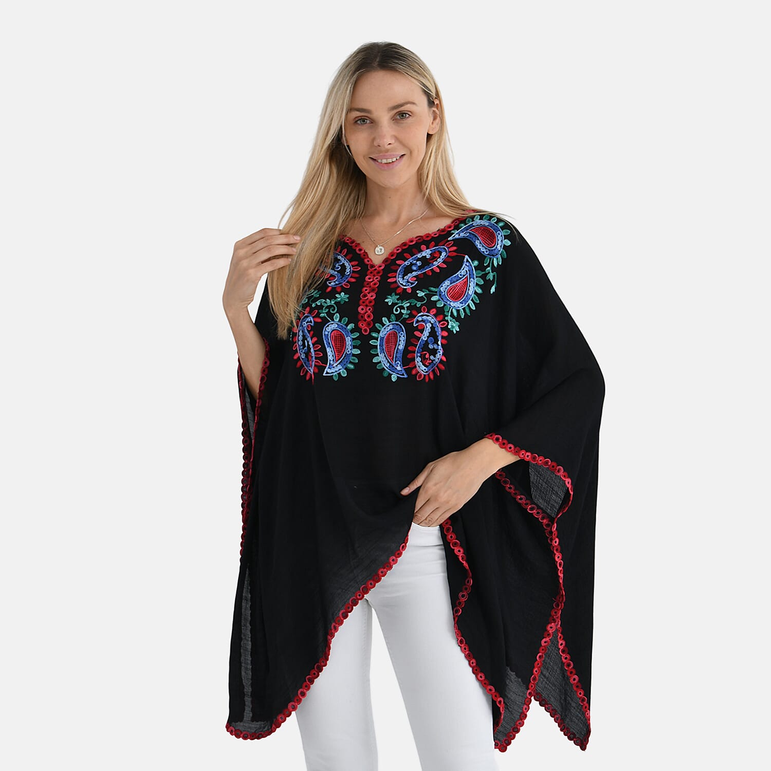 La Marey Cotton Blend Embroidered Kaftan Top with Contrast Trim (One Size) - Black &amp; Multi V32537926 4
