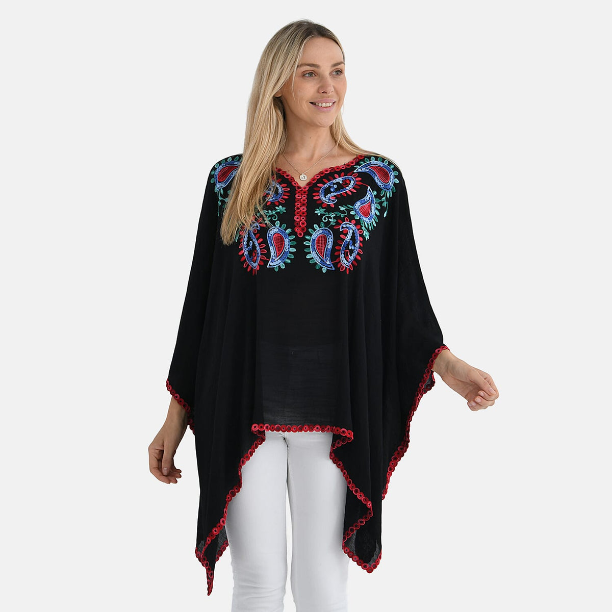 La Marey Cotton Blend Embroidered Kaftan Top with Contrast Trim (One Size) - Black &amp; Multi V32537926 5