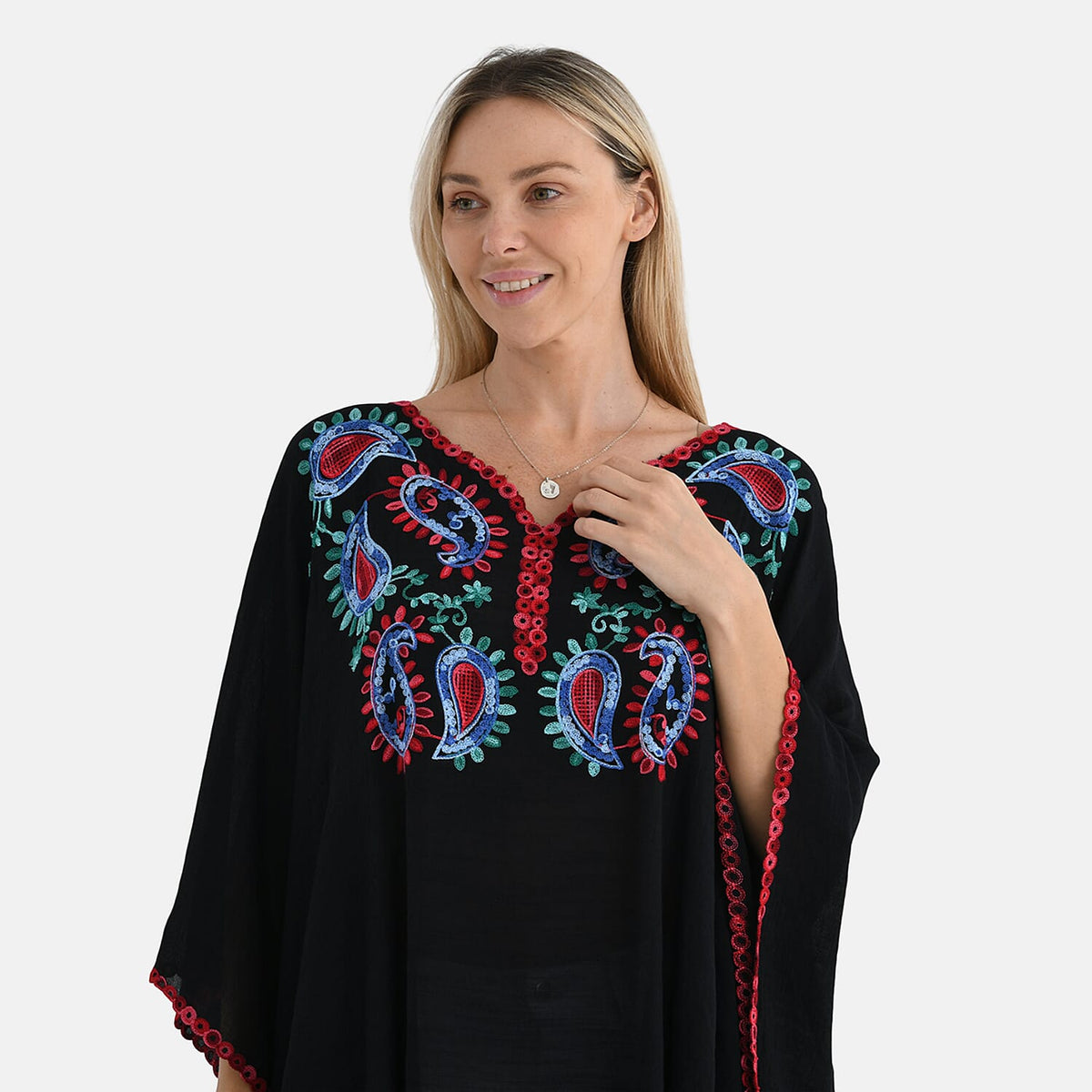 La Marey Cotton Blend Embroidered Kaftan Top with Contrast Trim (One Size) - Black &amp; Multi V32537926 6