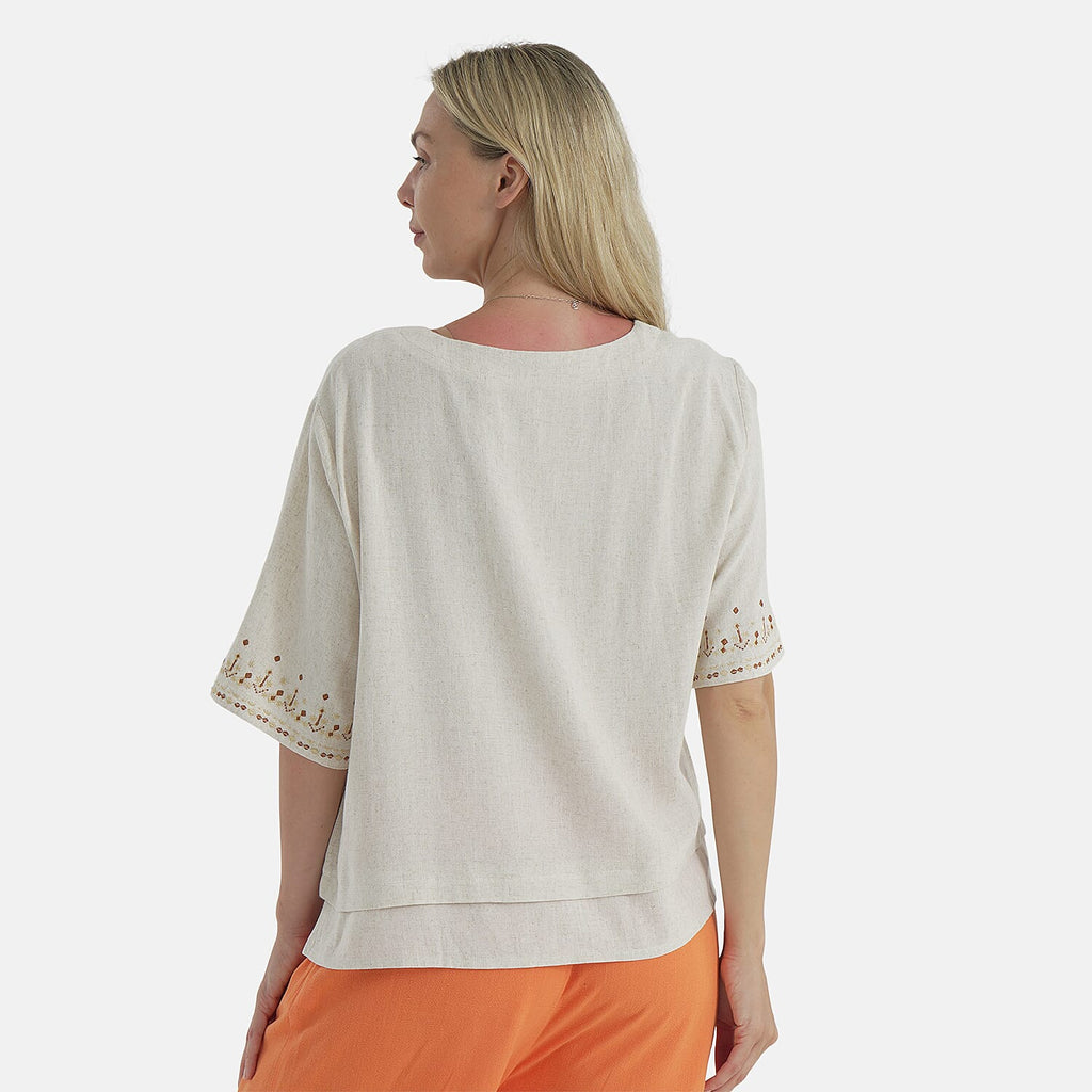 LA MAREY Womens Linen Blend Relaxed Fit Embroidered Top (Size XL) - Beige