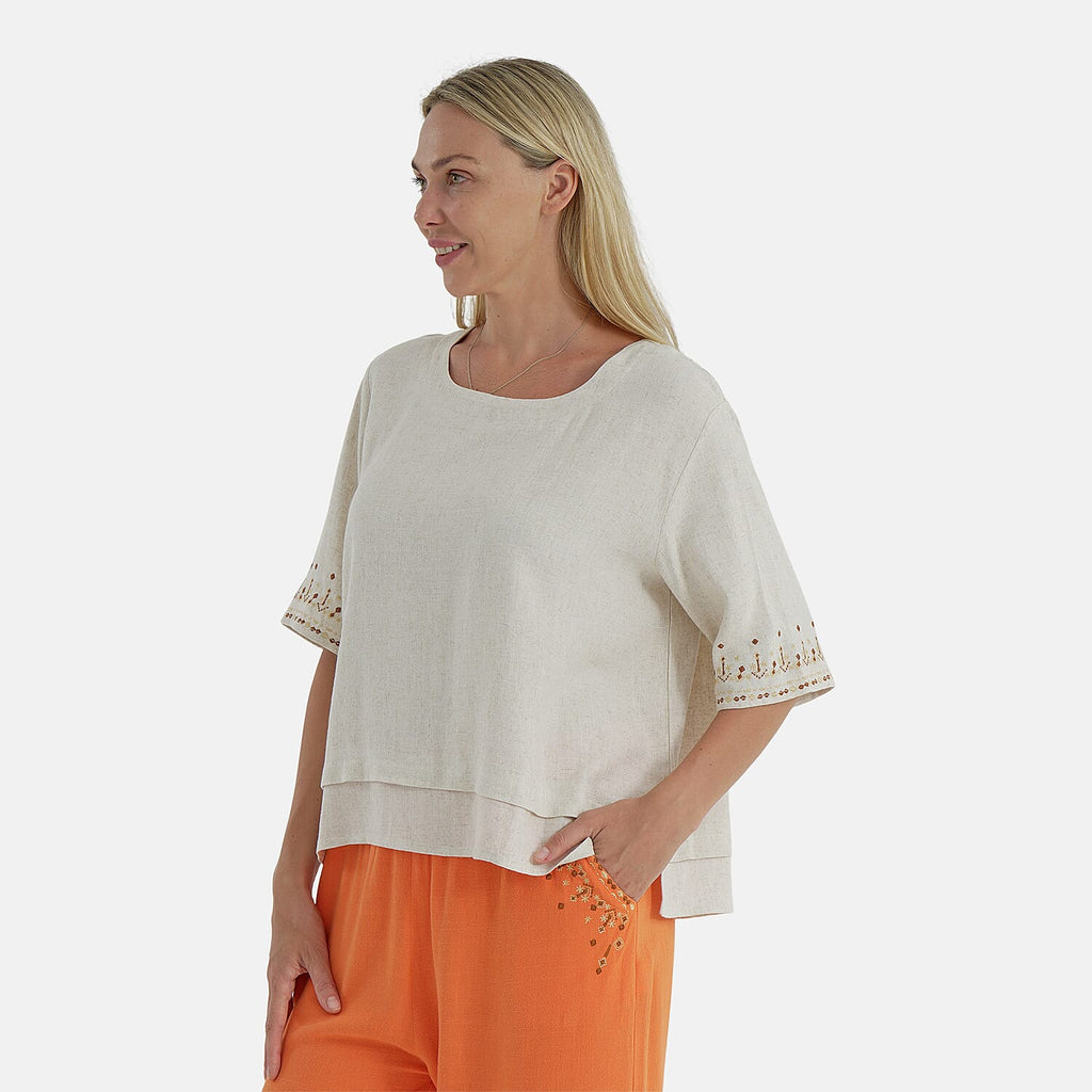 LA MAREY Womens Linen Blend Relaxed Fit Embroidered Top (Size XL) - Beige