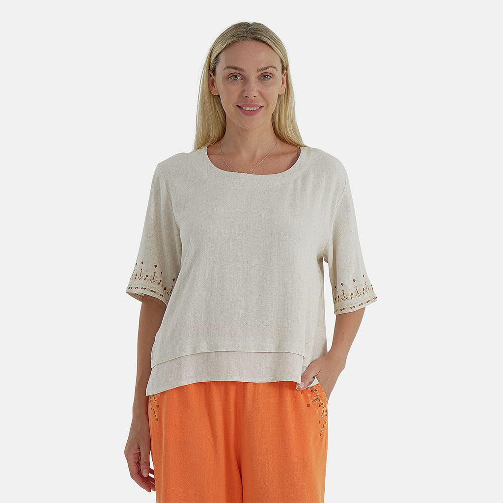 LA MAREY Womens Linen Blend Relaxed Fit Embroidered Top (Size XL) - Beige