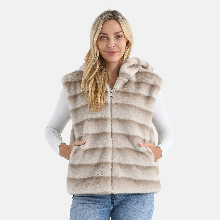 La Marey Faux Fur Hoodie Gilet (Size 8 to 16) - Beige 8310047 1