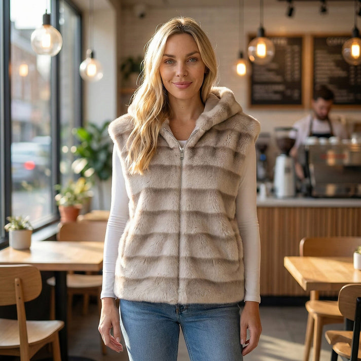 La Marey Faux Fur Hoodie Gilet (Size 8 to 16) - Beige 8310047 2