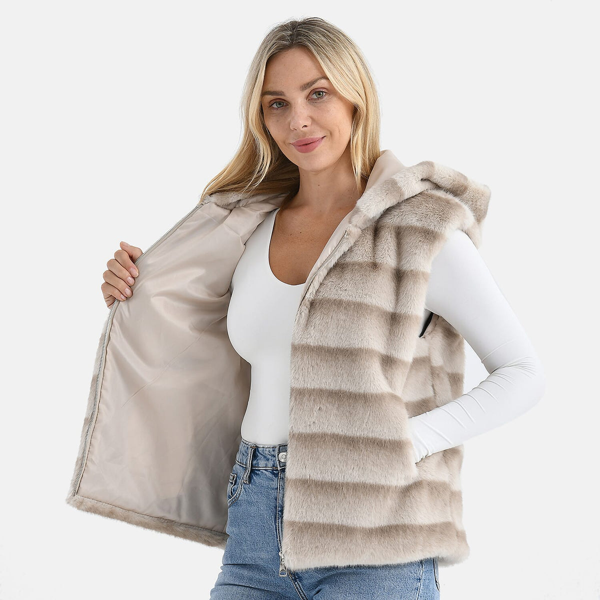 La Marey Faux Fur Hoodie Gilet (Size 8 to 16) - Beige 8310047 6