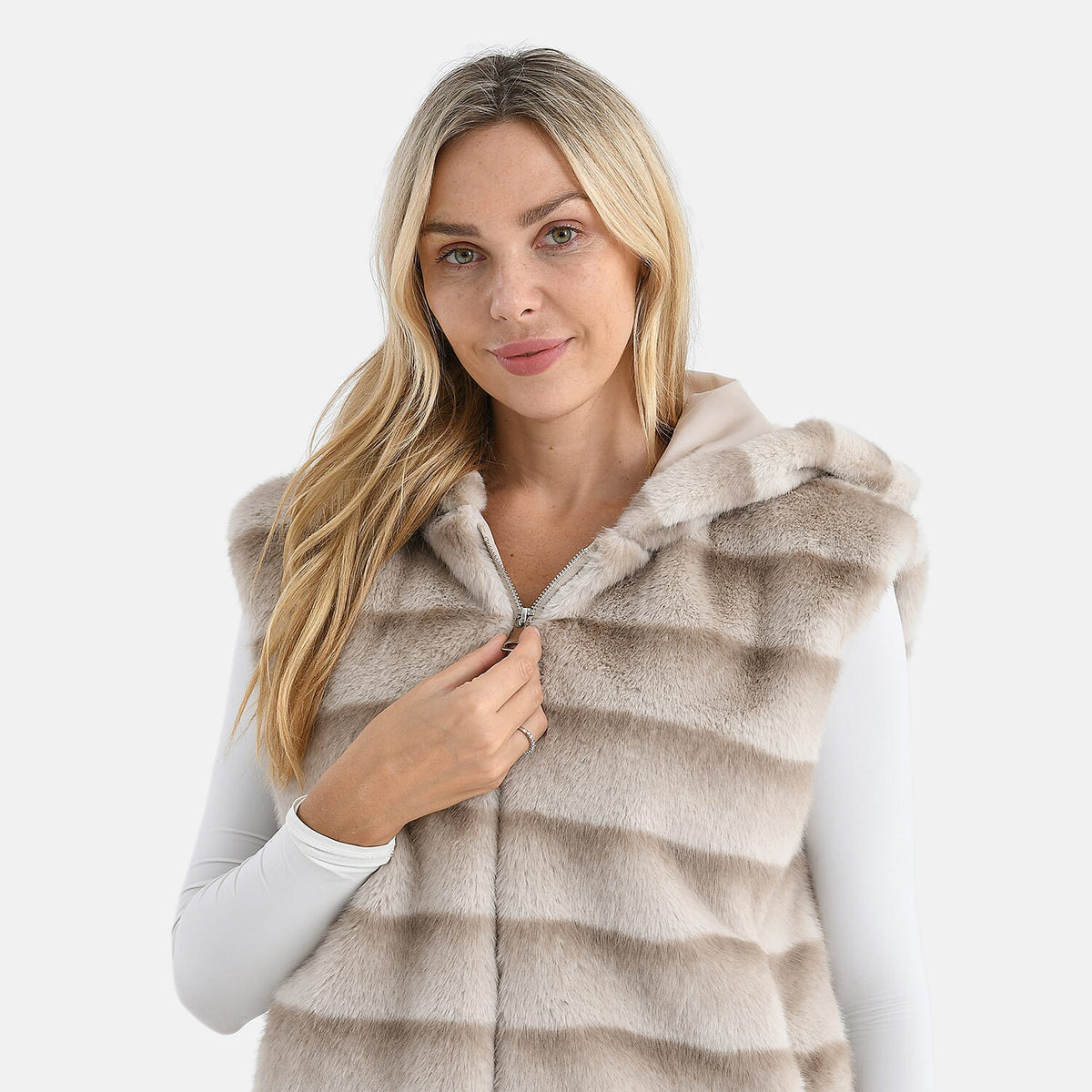 La Marey Faux Fur Hoodie Gilet (Size 8 to 16) - Beige 8310047 7