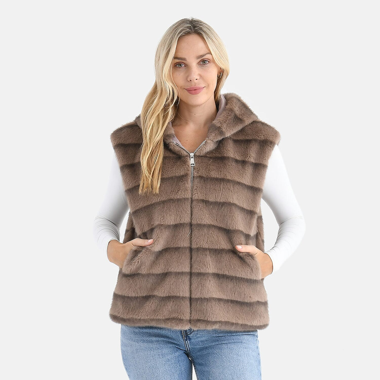 La Marey Faux Fur Hoodie Gilet (Size 8 to 16) - Light Brown 8310045 0