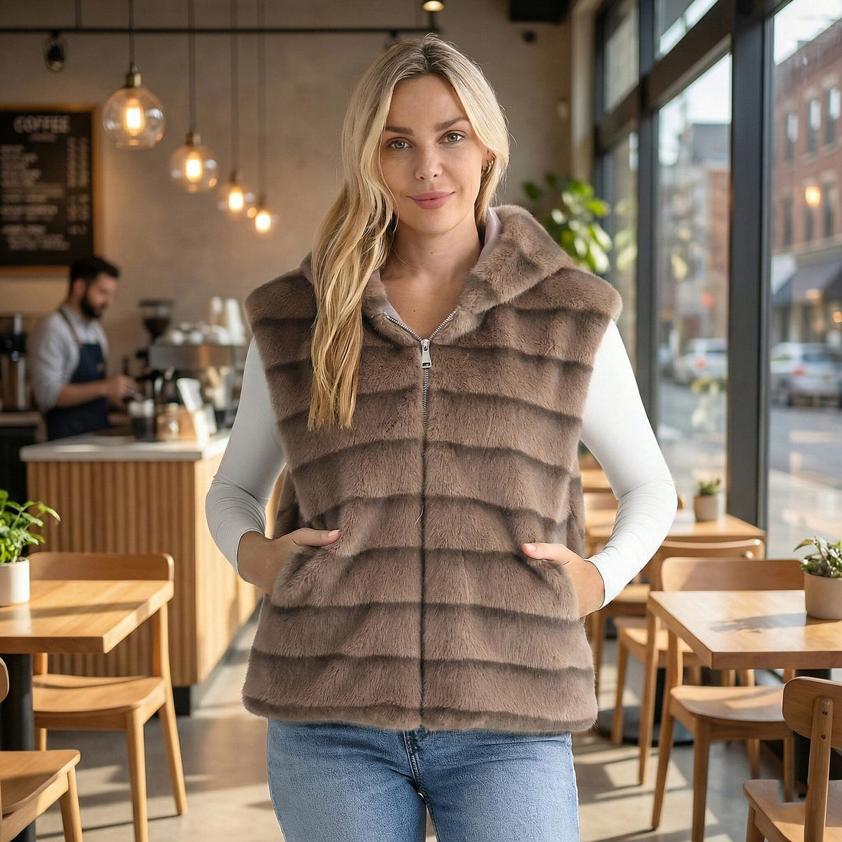 La Marey Faux Fur Hoodie Gilet (Size 8 to 16) - Light Brown 8310045 2