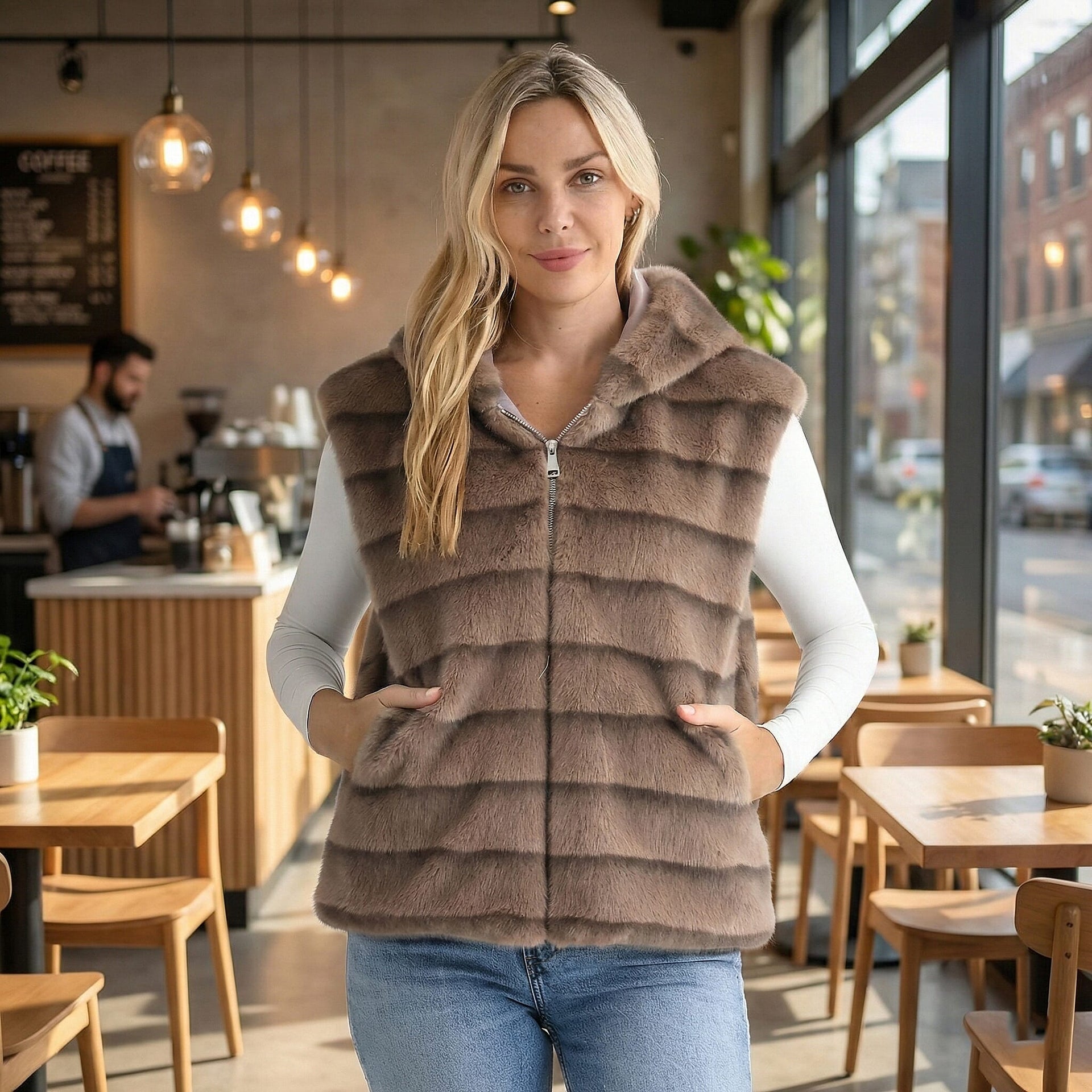 La Marey Faux Fur Hoodie Gilet (Size 8 to 16) - Light Brown 8310045 2