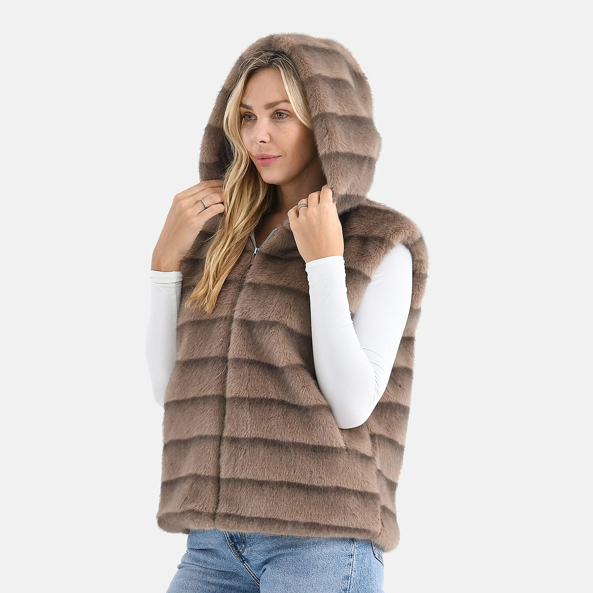 La Marey Faux Fur Hoodie Gilet (Size 8 to 16) - Light Brown 8310045 4
