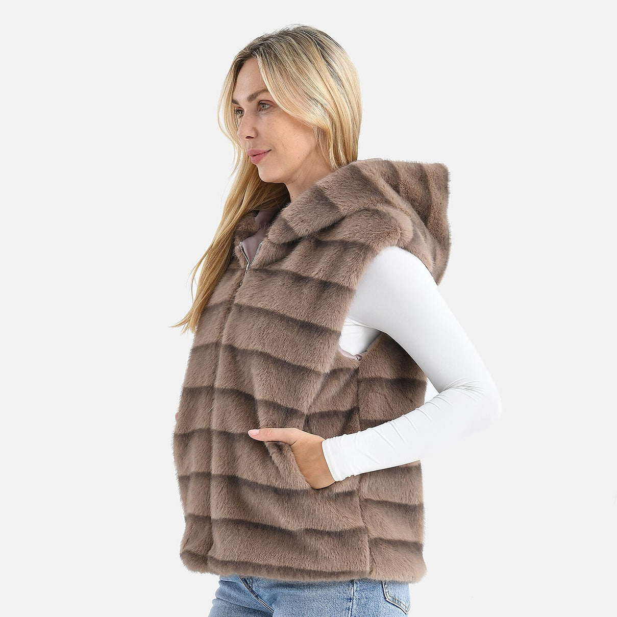 La Marey Faux Fur Hoodie Gilet (Size 8 to 16) - Light Brown 8310045 5