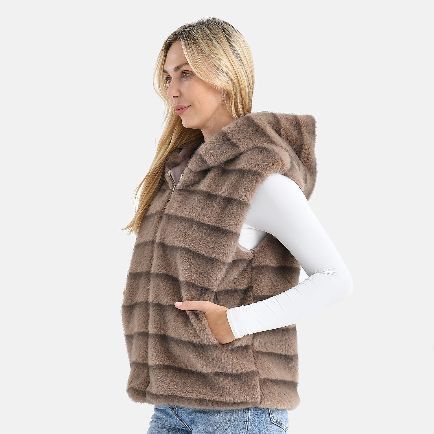 La Marey Faux Fur Hoodie Gilet (Size 8 to 16) - Light Brown 8310045 5