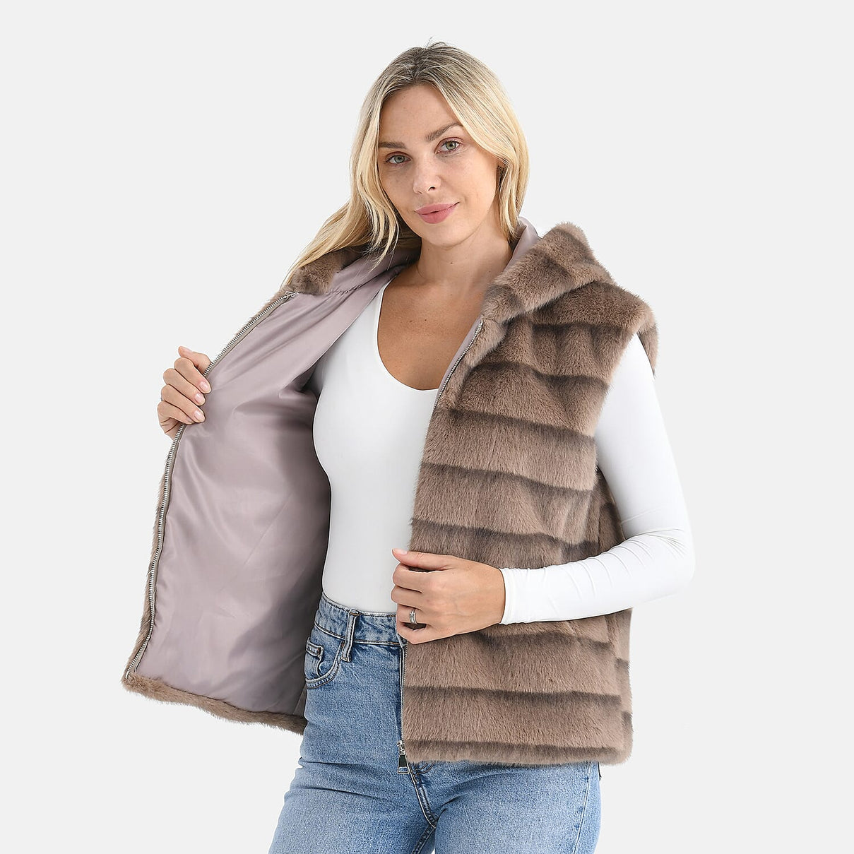 La Marey Faux Fur Hoodie Gilet (Size 8 to 16) - Light Brown 8310045 6