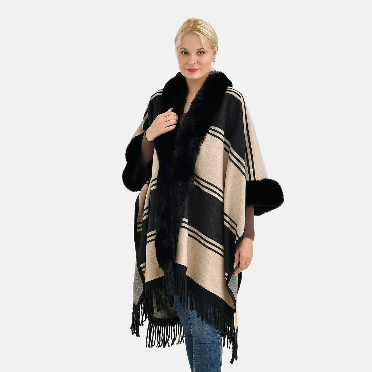 La Marey Faux Fur Trim Striped Poncho (One Size) - Black - White 7859563 0