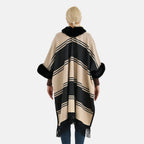 La Marey Faux Fur Trim Striped Poncho (One Size) - Black - White