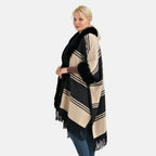 La Marey Faux Fur Trim Striped Poncho (One Size) - Black - White