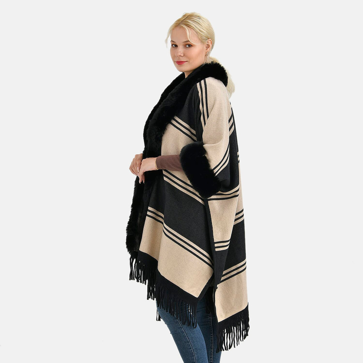 La Marey Faux Fur Trim Striped Poncho (One Size) - Black - White 7859563 4