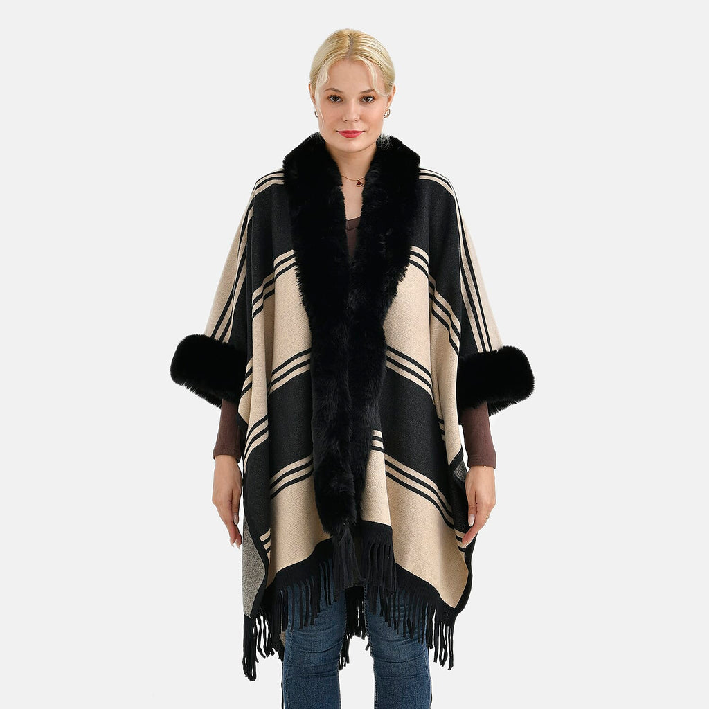 La Marey Faux Fur Trim Striped Poncho (One Size) - Black - White