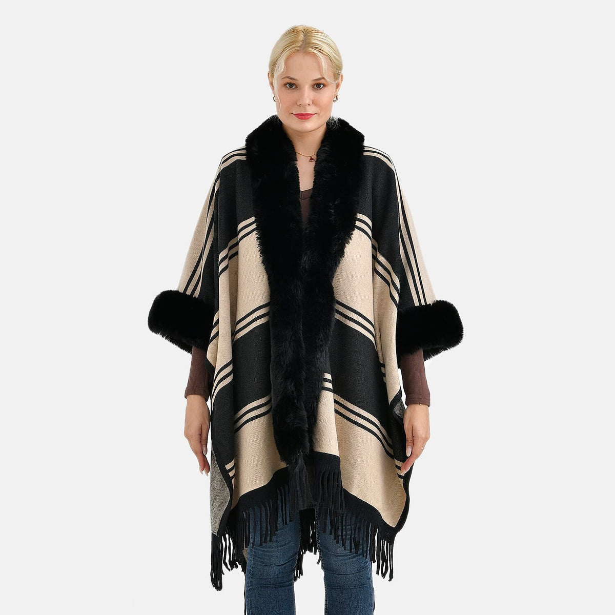 La Marey Faux Fur Trim Striped Poncho (One Size) - Black - White 7859563 6