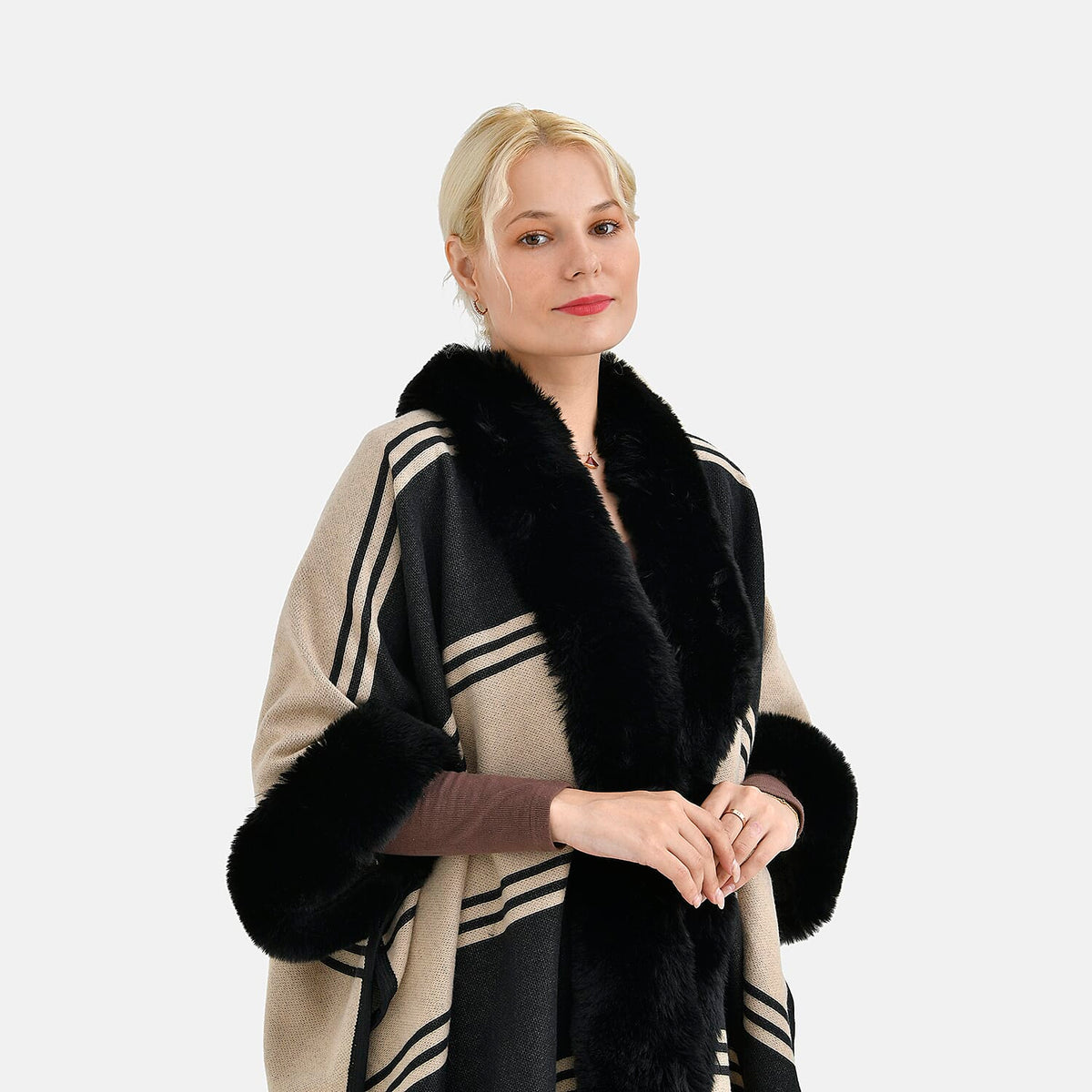 La Marey Faux Fur Trim Striped Poncho (One Size) - Black - White 7859563 8