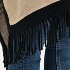 La Marey Faux Fur Trim Striped Poncho (One Size) - Black - White