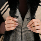 La Marey Faux Fur Trim Striped Poncho (One Size) - Black - White