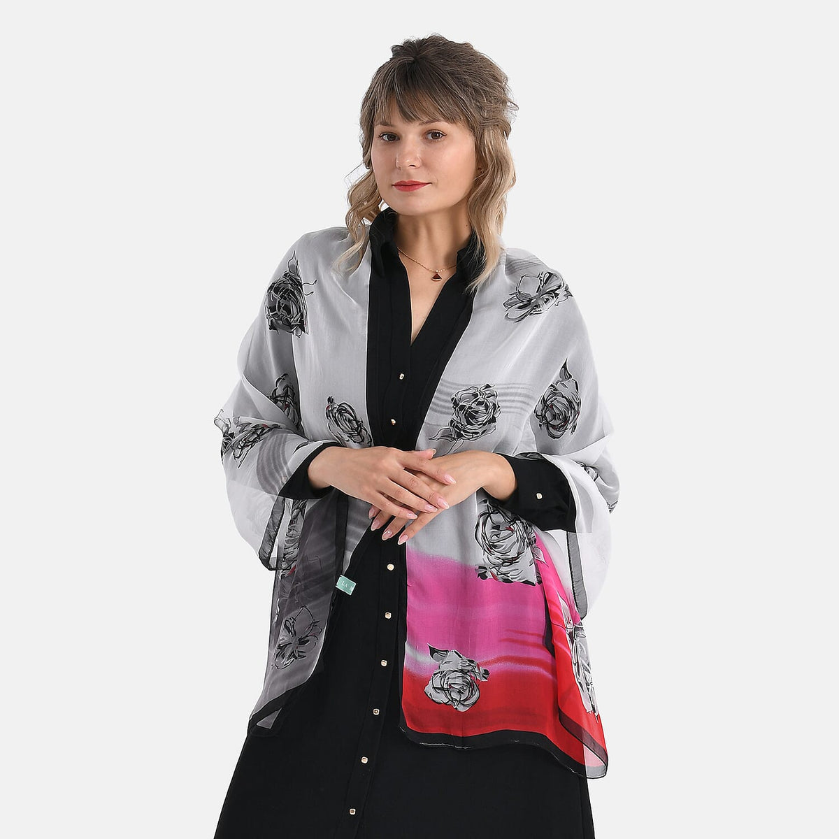 La Marey Floral Motifs Print Mulberry Silk Scarf (Size- 175x65cm) - Black, Pink &amp; White 8167963 0