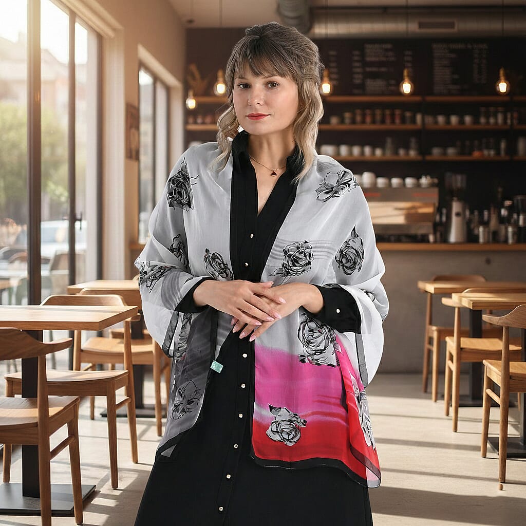 La Marey Floral Motifs Print Mulberry Silk Scarf (Size- 175x65cm) - Black, Pink &amp; White 8167963 2