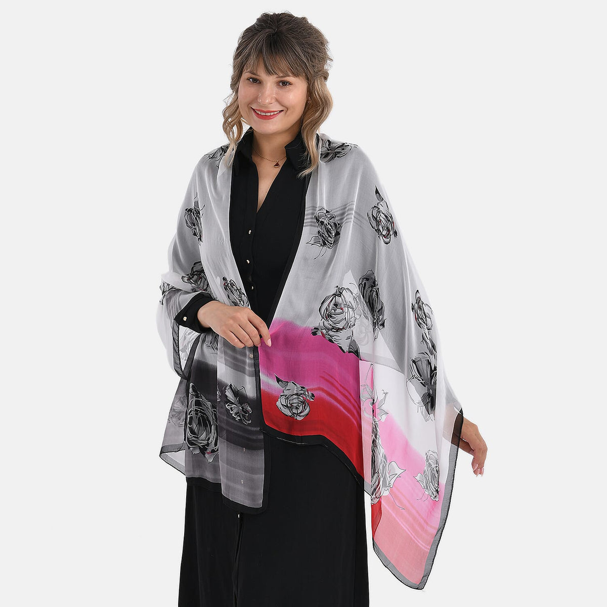 La Marey Floral Motifs Print Mulberry Silk Scarf (Size- 175x65cm) - Black, Pink &amp; White 8167963 3