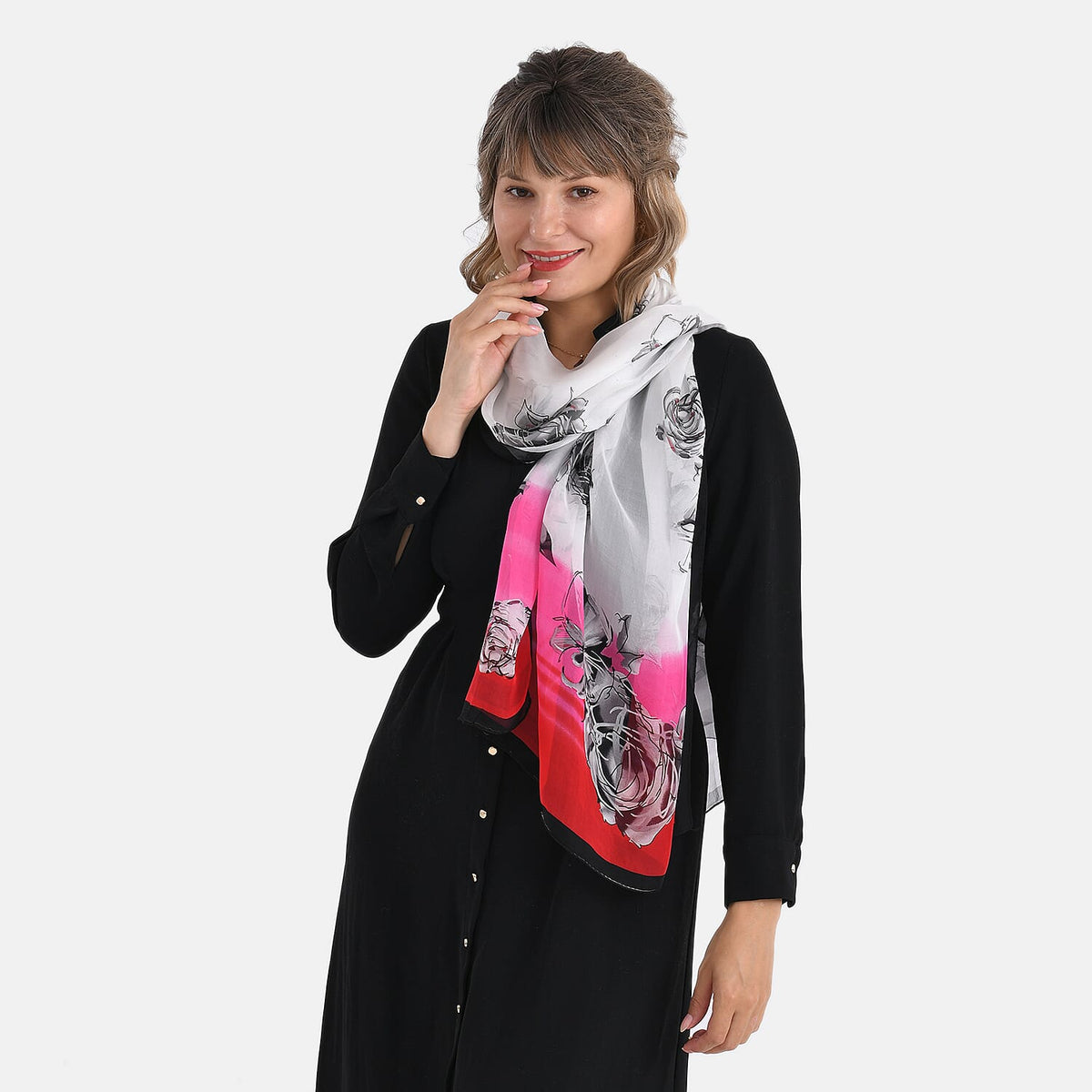 La Marey Floral Motifs Print Mulberry Silk Scarf (Size- 175x65cm) - Black, Pink &amp; White 8167963 5