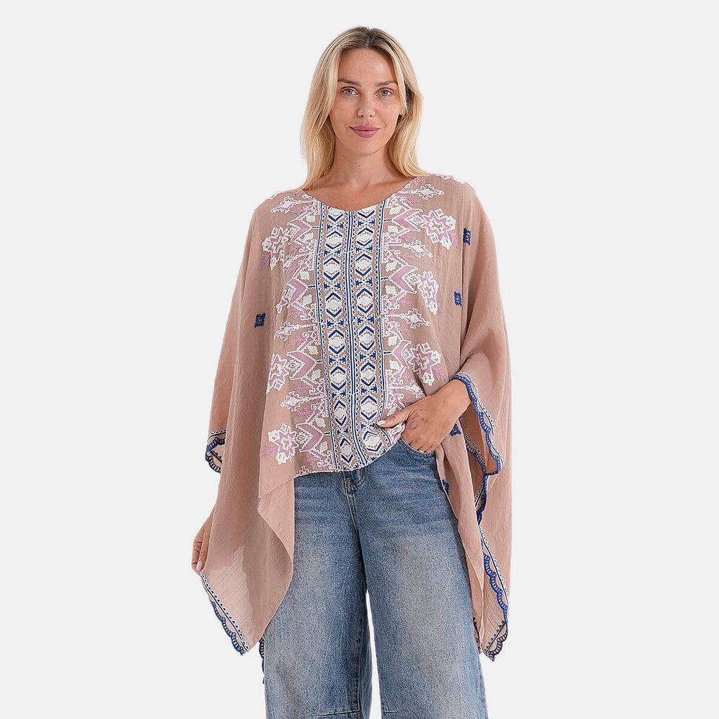 La Marey Full Embroidery Kaftan Top (One Size) - Light Brown