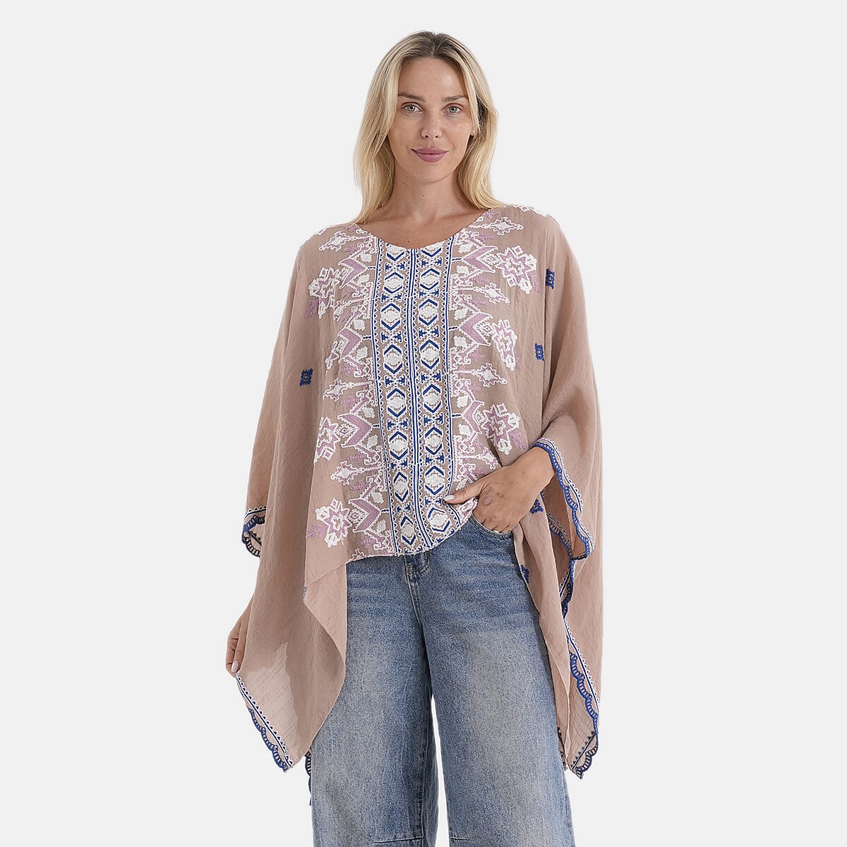 La Marey Full Embroidery Kaftan Top (One Size) - Light Brown 8481241 0