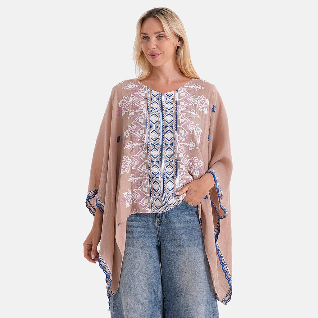 La Marey Full Embroidery Kaftan Top (One Size) - Light Brown