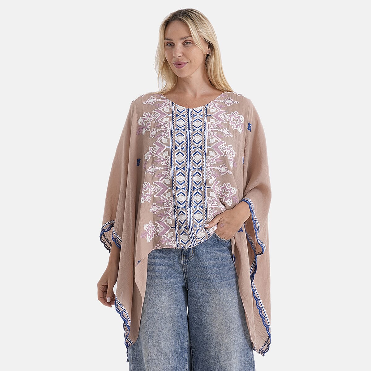 La Marey Full Embroidery Kaftan Top (One Size) - Light Brown 8481241 5