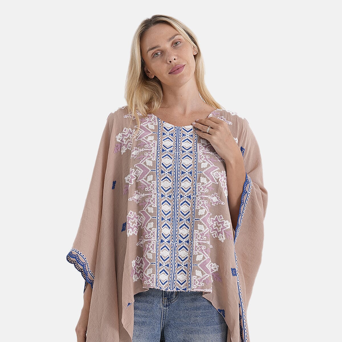 La Marey Full Embroidery Kaftan Top (One Size) - Light Brown 8481241 6