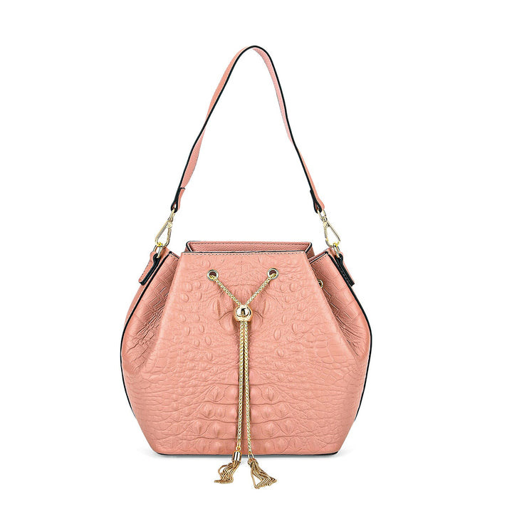 La Marey Genuine Leather Crocodile Embossed Handbag With Spiga Chain Cord and Curb Link Crossbody Strap - Pink 8201633 1