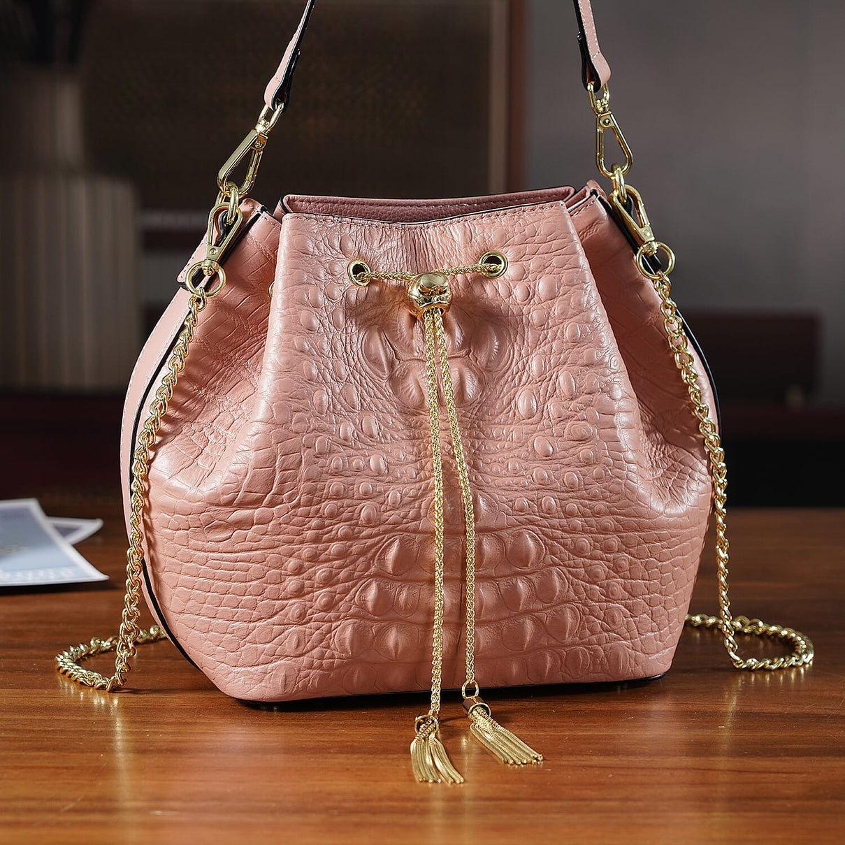 La Marey Genuine Leather Crocodile Embossed Handbag With Spiga Chain Cord and Curb Link Crossbody Strap - Pink 8201633 2