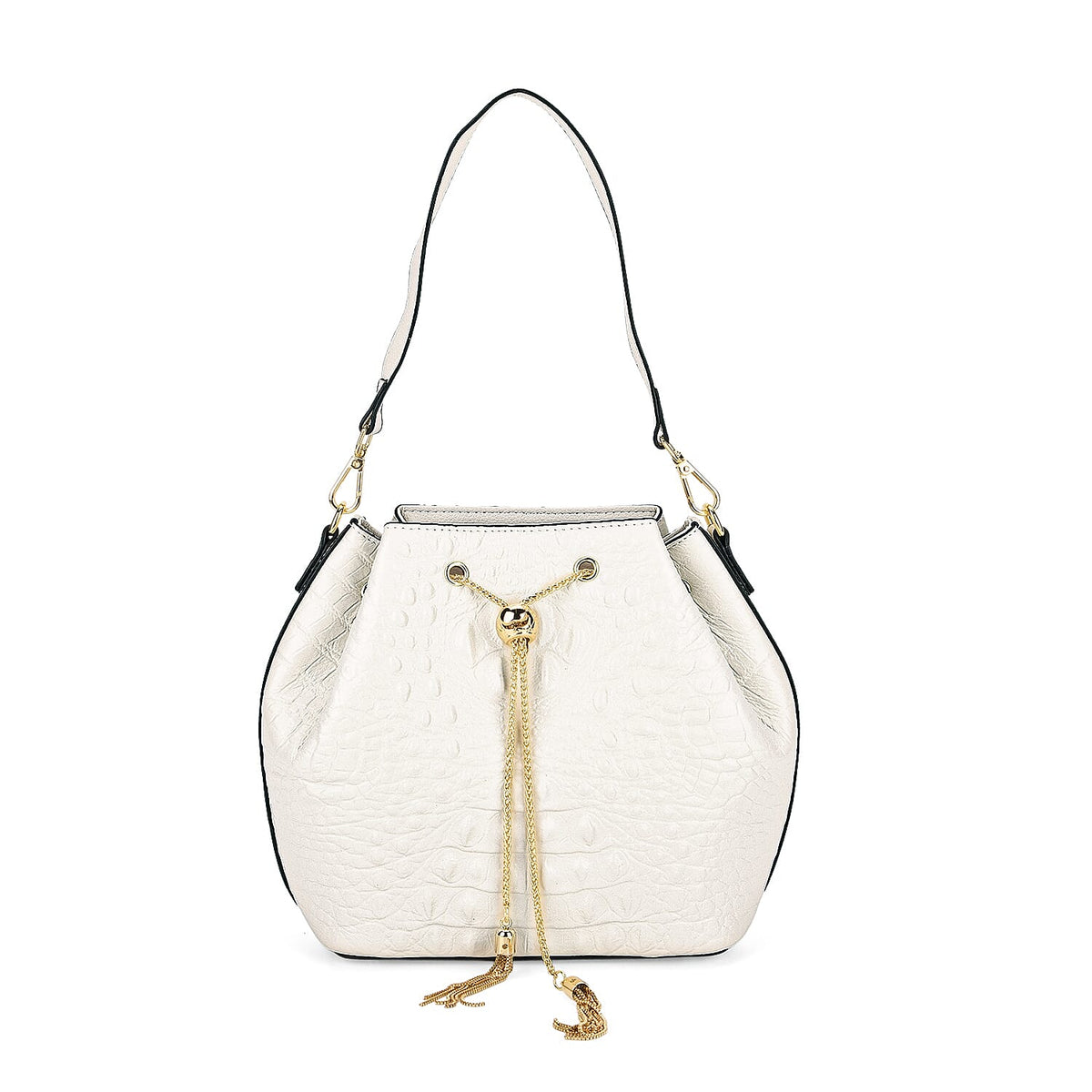La Marey Genuine Leather Crocodile Embossed Handbag With Spiga Chain Cord and Curb Link Crossbody Strap- White V32605790 0