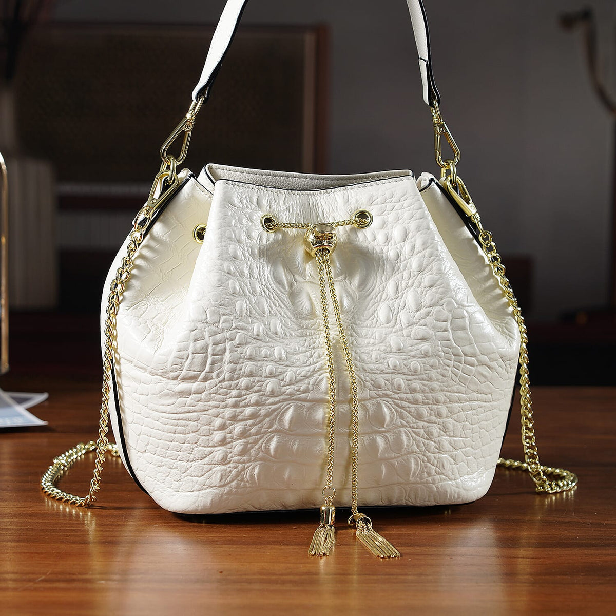 La Marey Genuine Leather Crocodile Embossed Handbag With Spiga Chain Cord and Curb Link Crossbody Strap- White V32605790 2