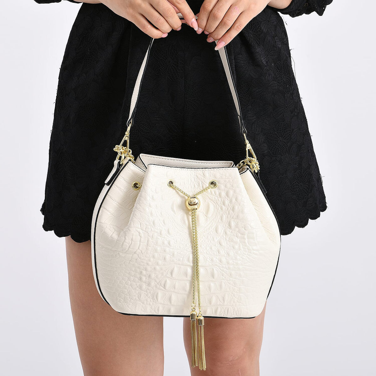 La Marey Genuine Leather Crocodile Embossed Handbag With Spiga Chain Cord and Curb Link Crossbody Strap- White V32605790 4