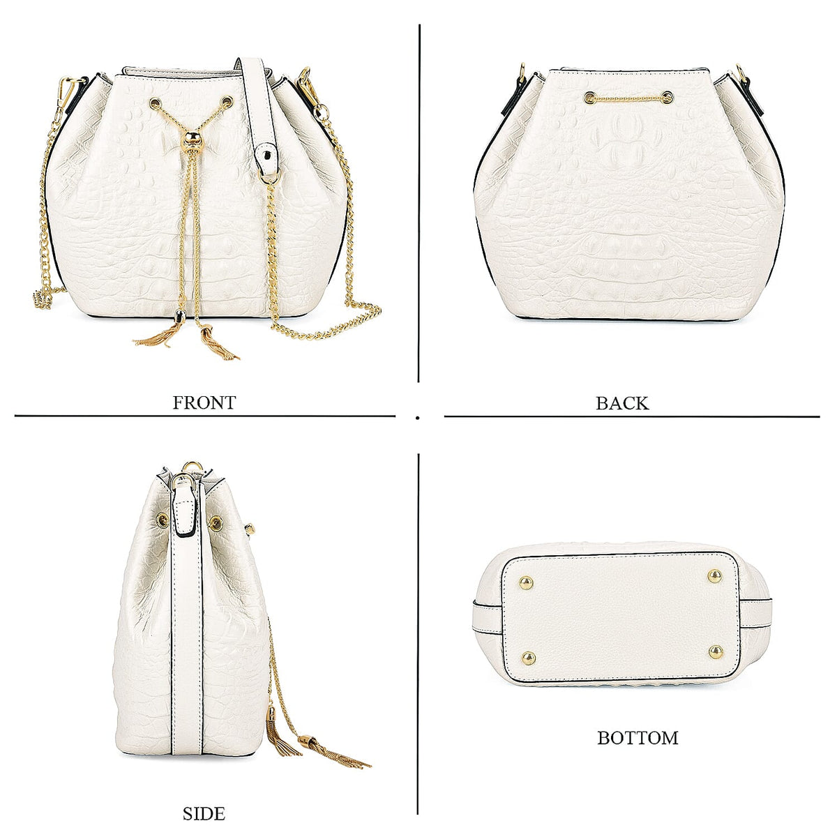 La Marey Genuine Leather Crocodile Embossed Handbag With Spiga Chain Cord and Curb Link Crossbody Strap- White V32605790 5