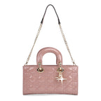 La Marey Genuine Leather Quilted Handbag Bag With Detachable Shoulder Strap - Pink